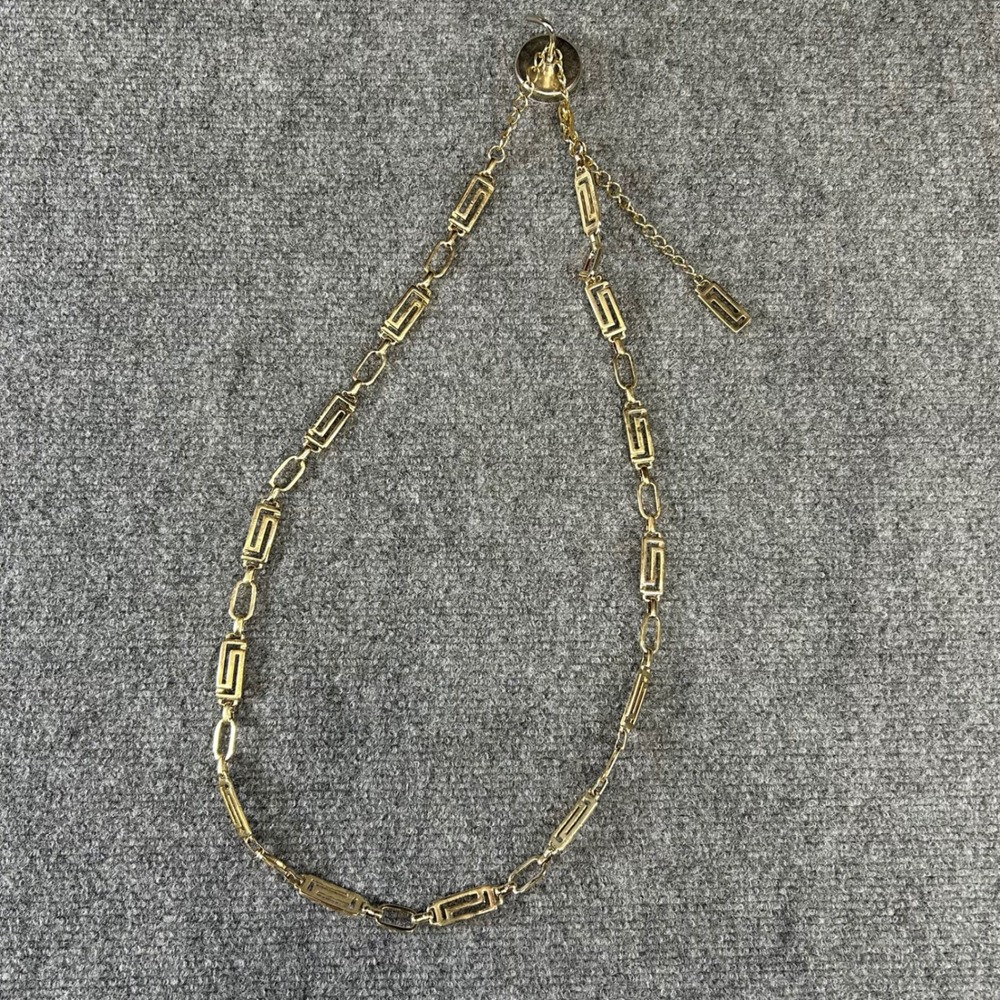 Vintage Inspired Gold Tone Greek Key Geometric Chain Link Adjustable Belt